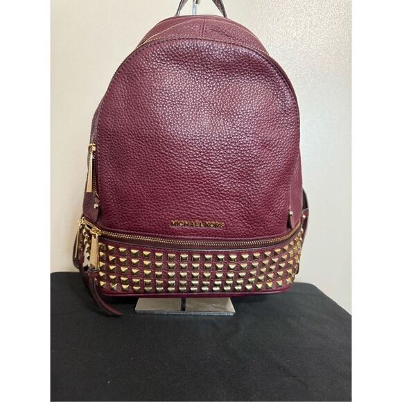 Michael Kors Rhea Women's Burgundy Gold Tone Leather Studded Backpack Size Small - Picture 2 of 13